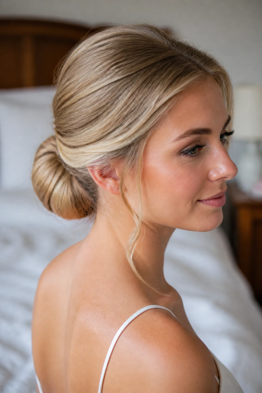 Close-up of a real woman with padded low bun for fine hair