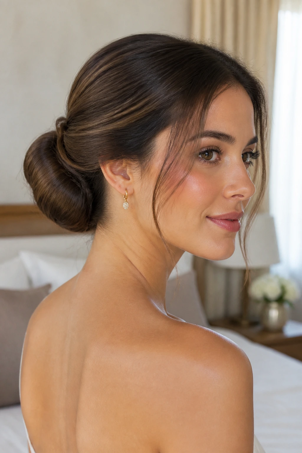 Close-up of a real woman with a padded chignon at the back, padding hidden for volume