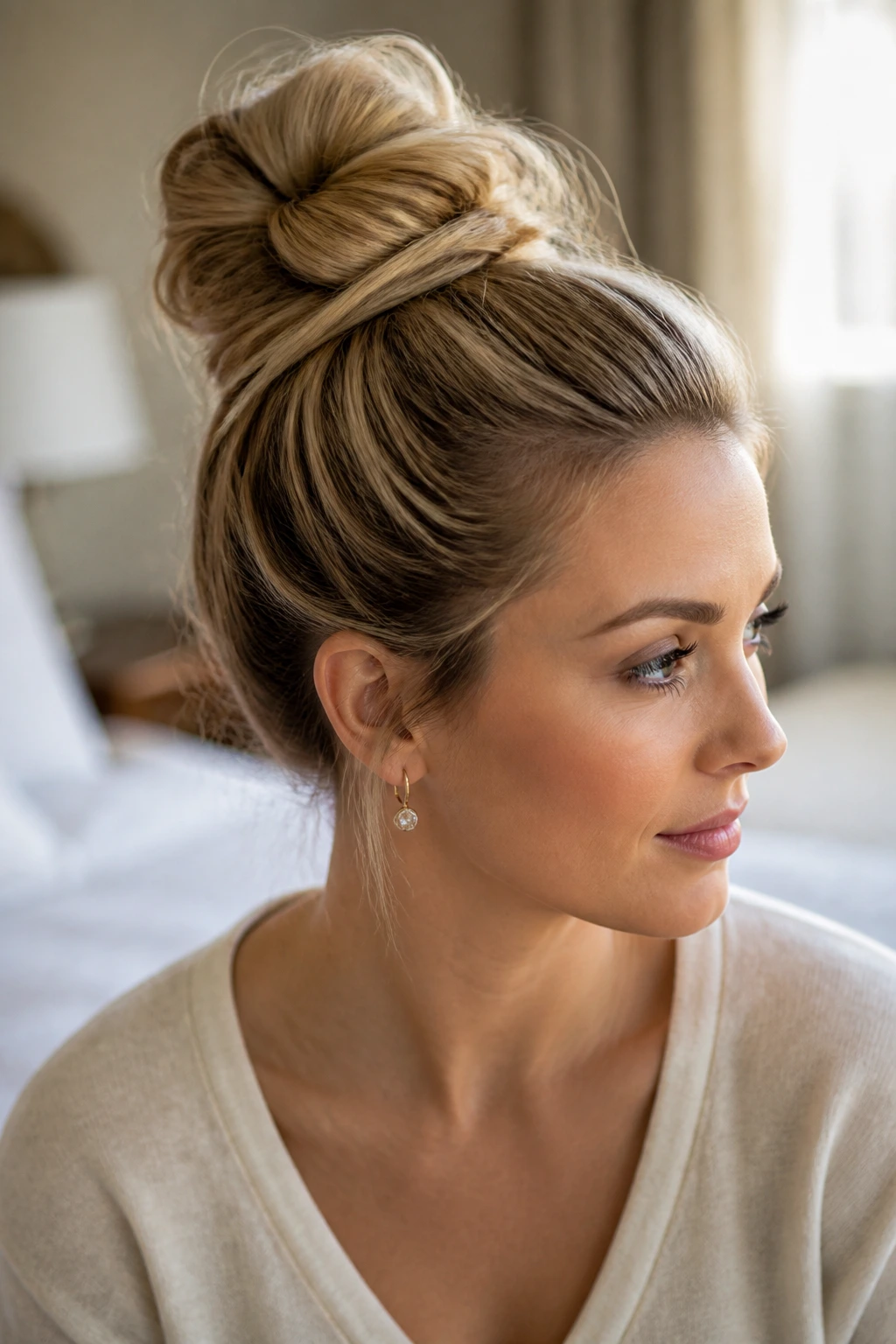 Real woman with padded knot in fine hair under soft sunlight