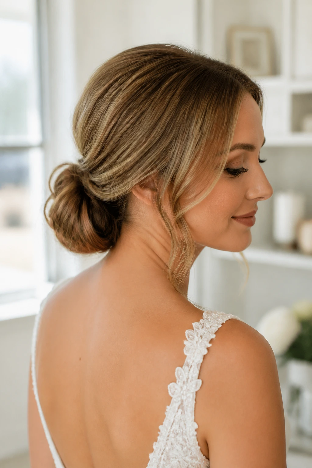Bridal bun with padding for fine hair, close-up portrait