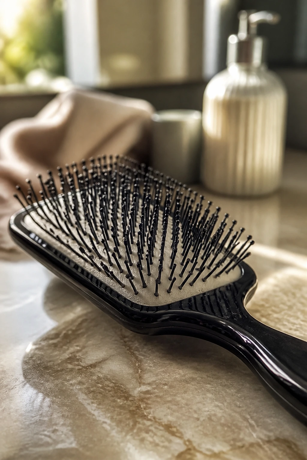 Macro shot of a paddle brush filling the frame on a bathroom counter