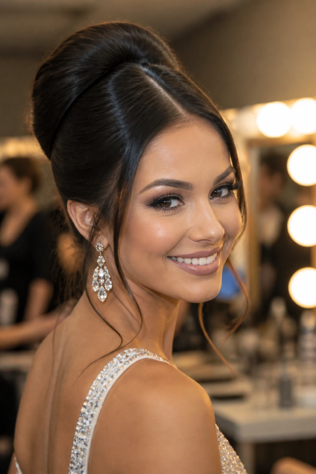 Close-up portrait of a real pageant contestant with a clean, stage-ready hairstyle in backstage lighting