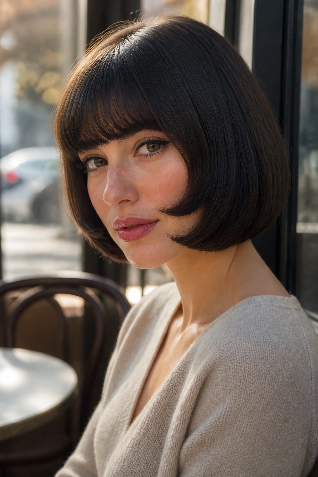 Close-up portrait of a real woman with curved pageboy bangs