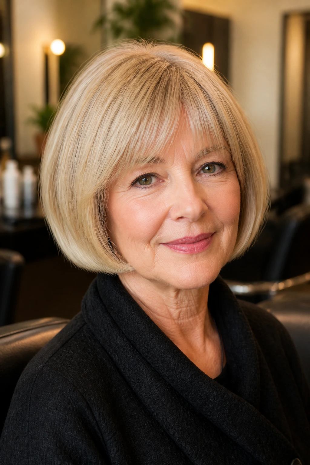 Portrait of a real woman with feathered bangs and a pageboy bob in a salon setting