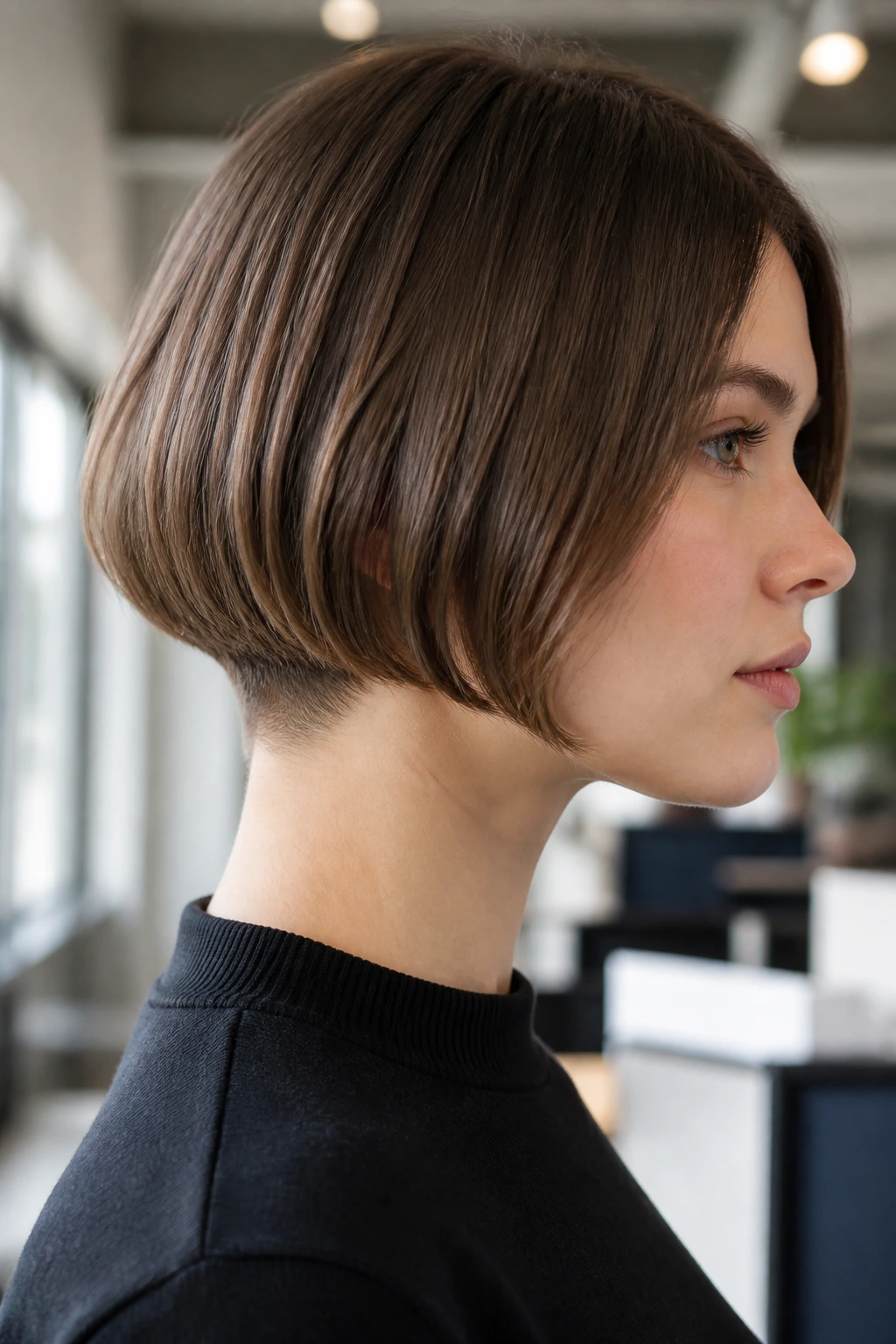 Close-up portrait of a real person with a pageboy bob hybrid and tapered nape