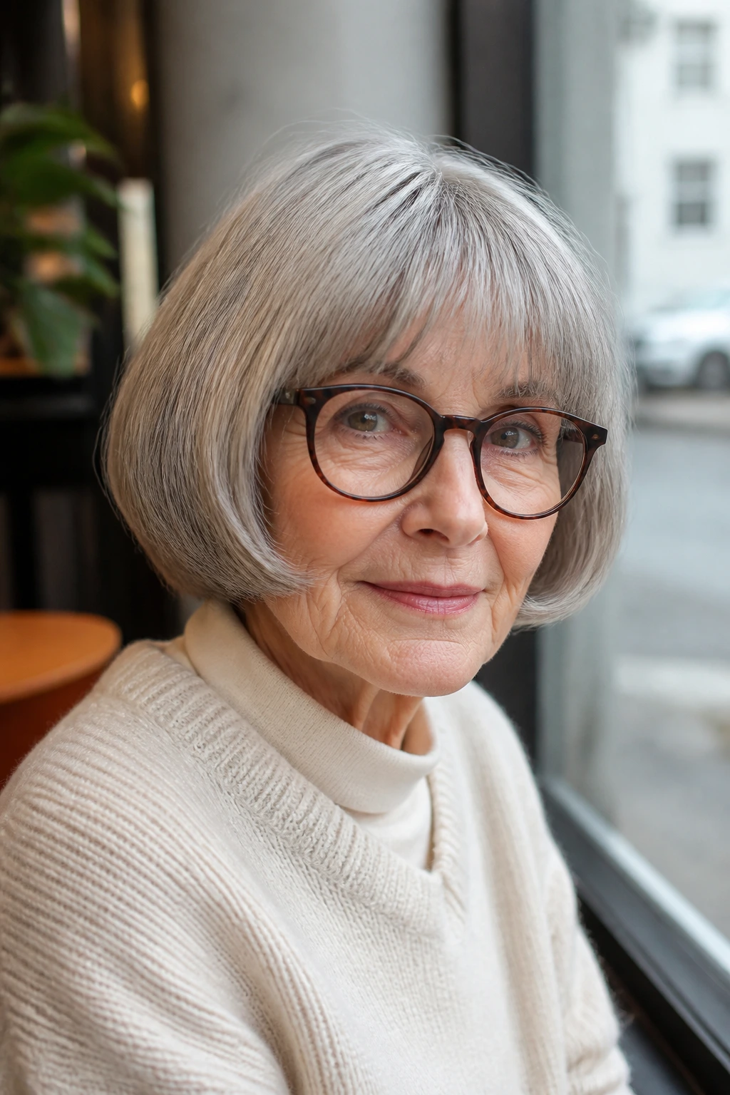 Older woman with soft fringe pageboy bob and rounded ends in cafe light