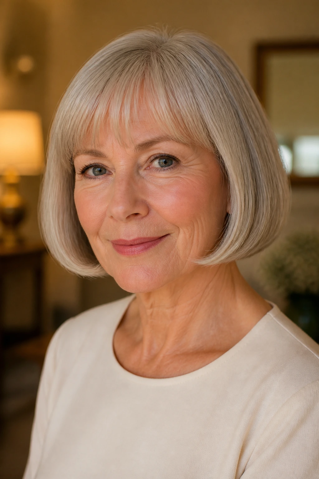 Portrait of an older woman with jaw-length pageboy bob