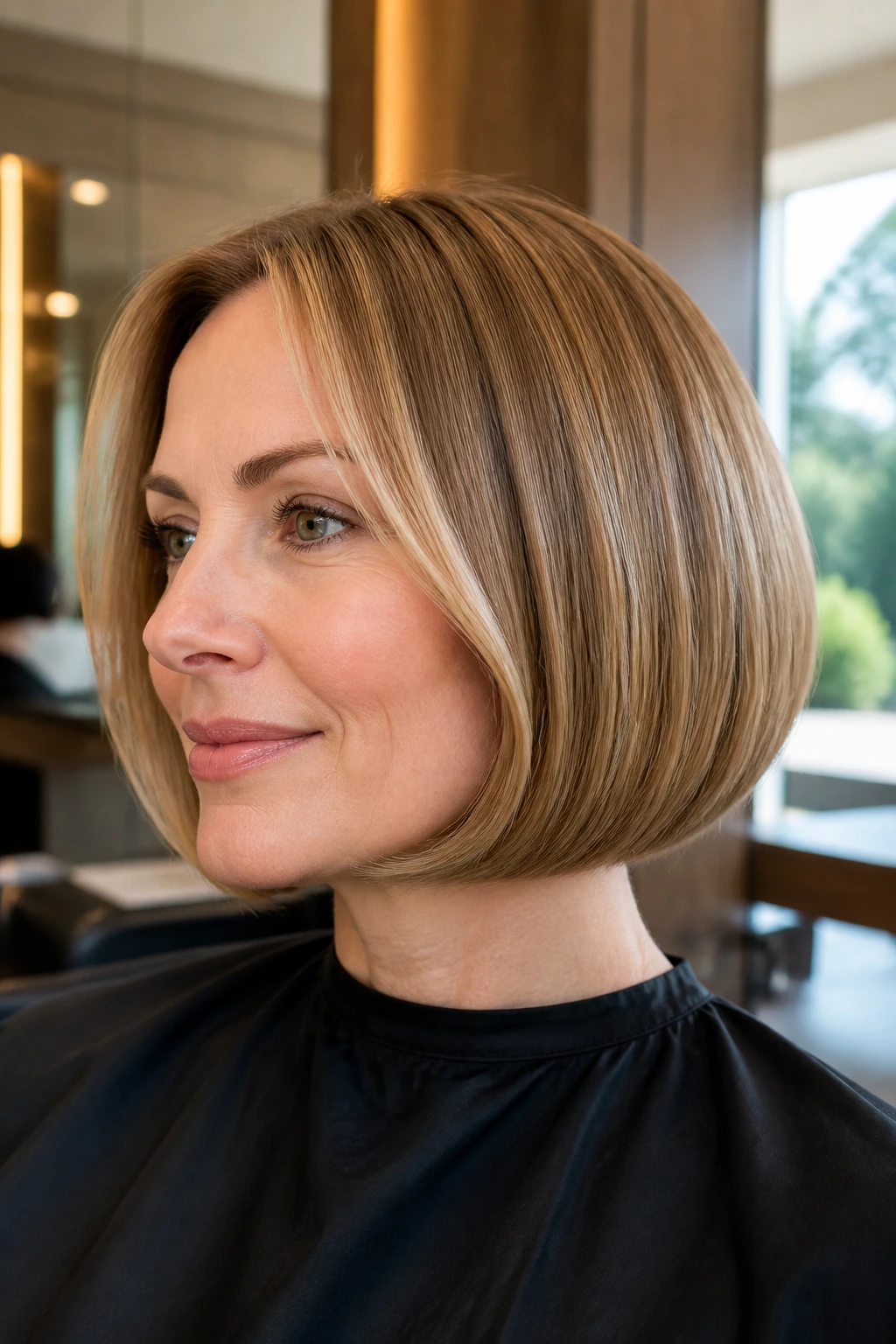 Close-up of a woman with a rounded-edge pageboy in warm salon light.
