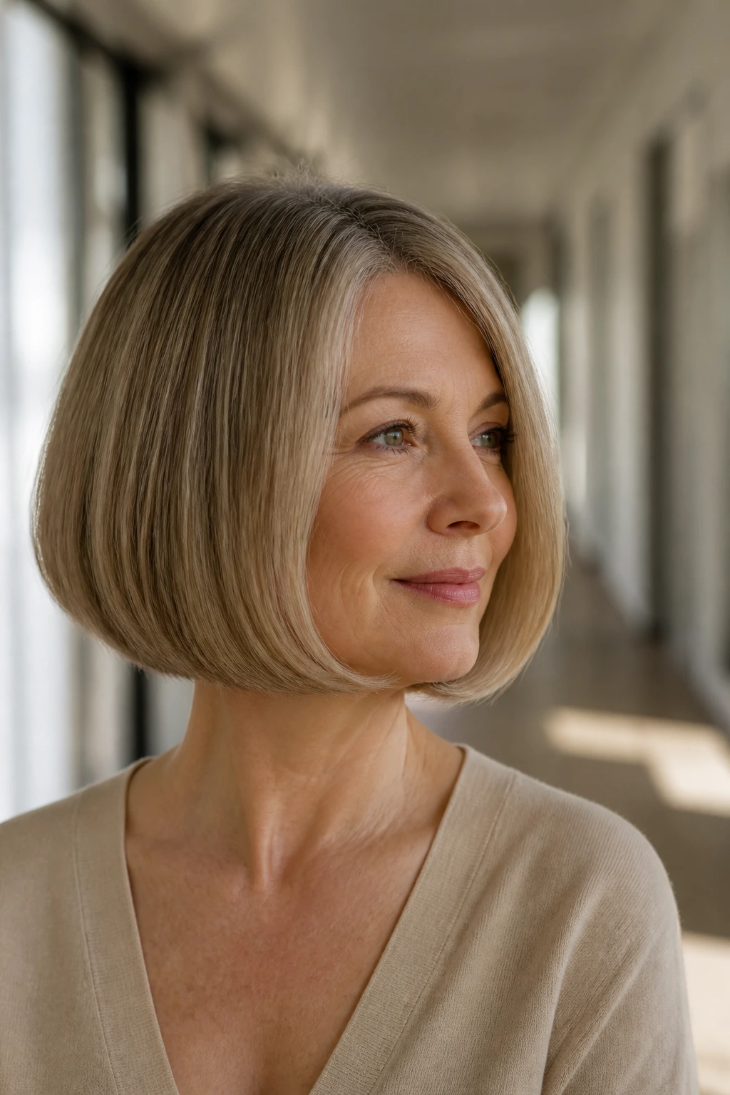 Portrait of a real person with a pageboy-inspired bob in a softly lit corridor