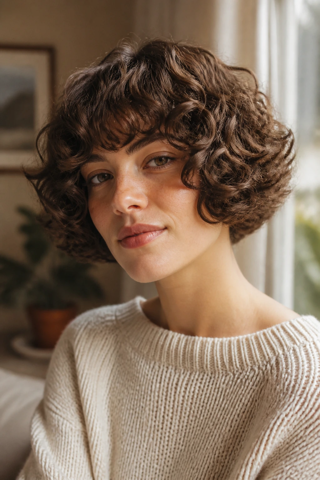 Close-up portrait of a soft pageboy curl crop hairstyle.