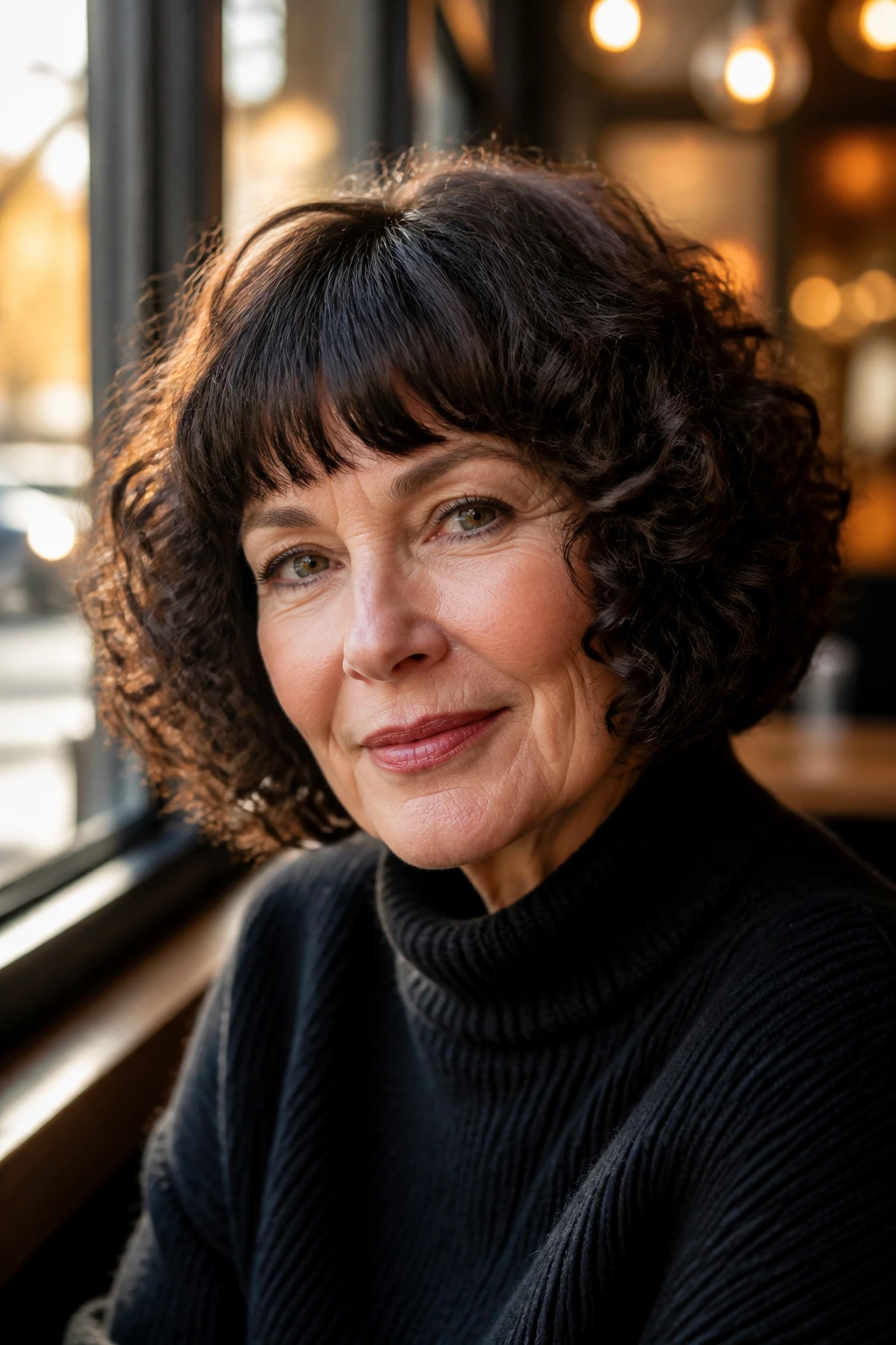 Close-up portrait of a real woman with a pageboy-inspired curly cut and eyebrow bangs.