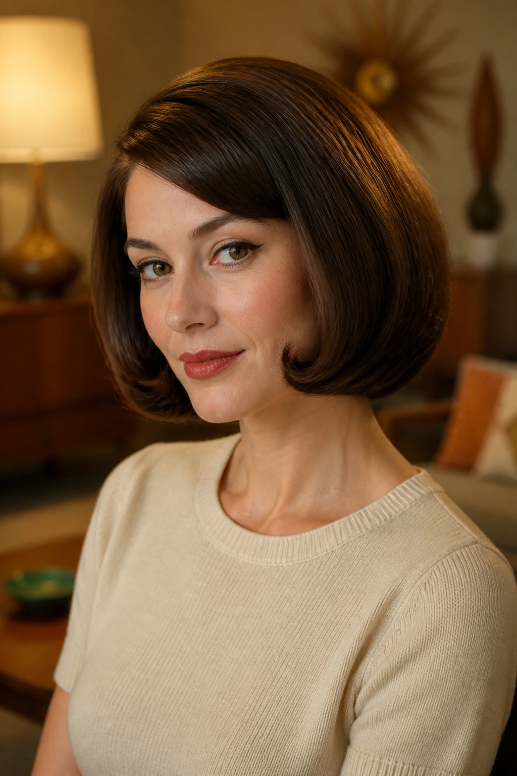 Portrait of a woman with pageboy curve and soft ends in warm ambient light.