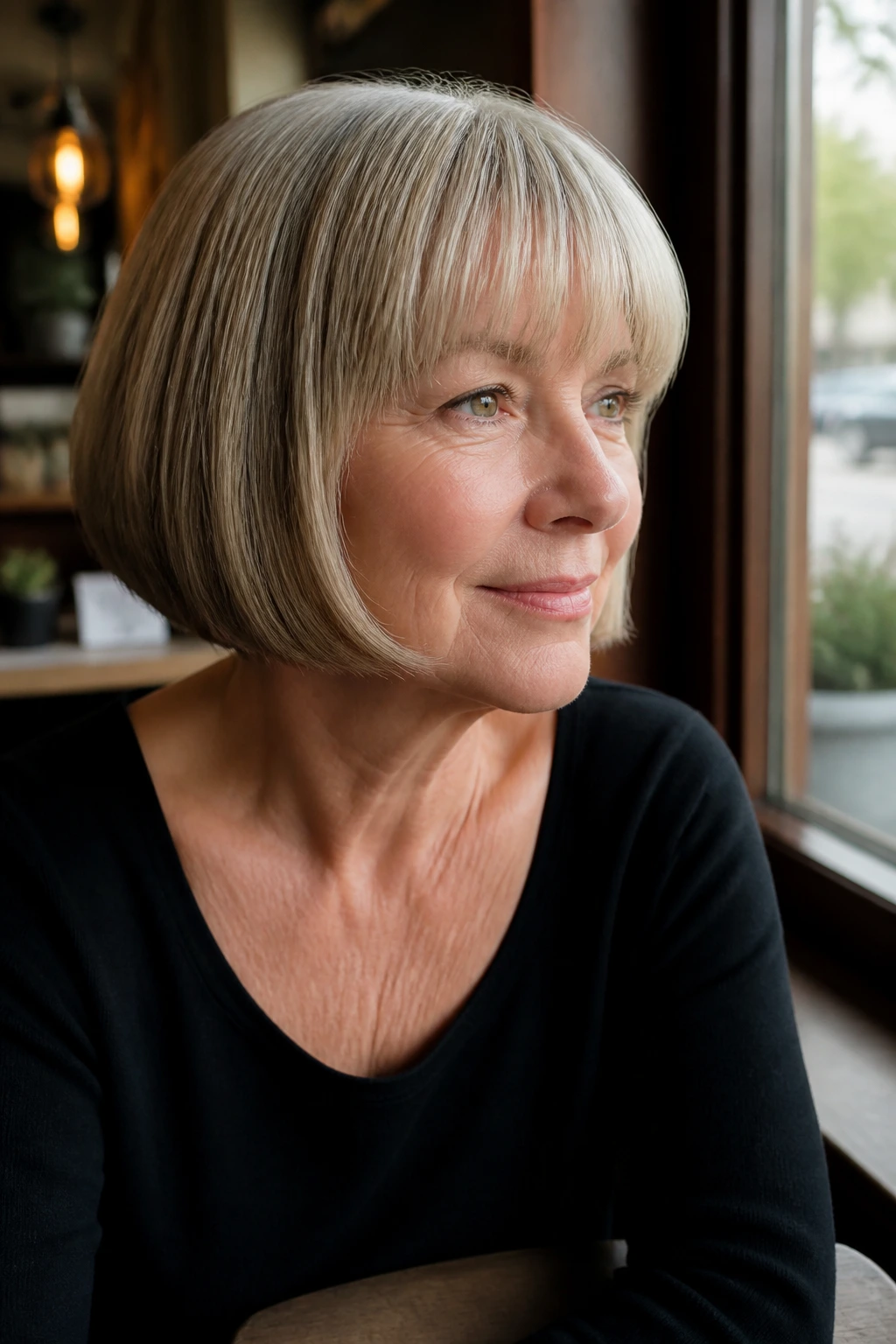 Close-up of a real woman with Soft Pageboy with a Curved Line hairstyle in daylight.