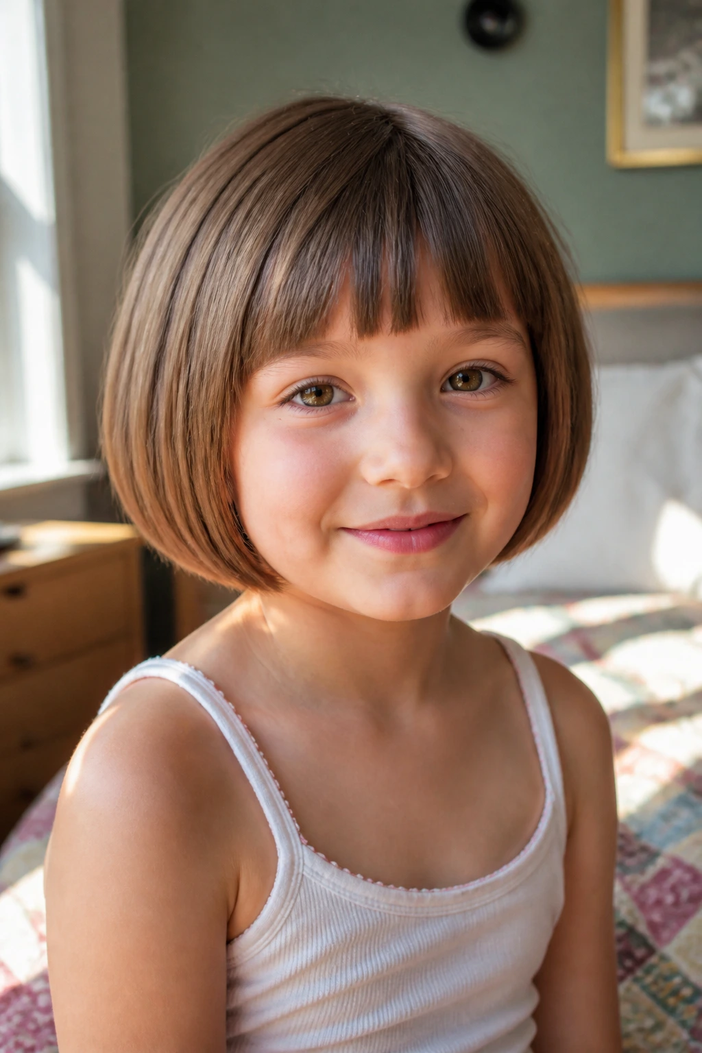 Child with pageboy haircut featuring rounded tucked-under ends and fringe.