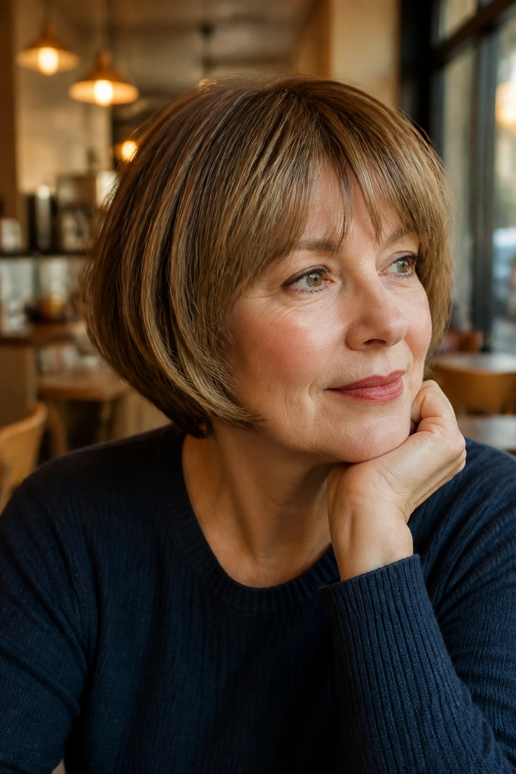 Real woman with a modern pageboy-inspired cut in a cafe setting