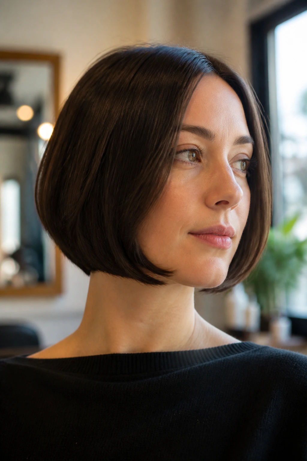 Close-up portrait of a real woman with a clean pageboy cut and tucked-under ends