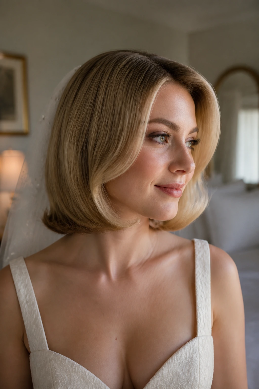 Close-up of real bride with soft pageboy flip hairstyle