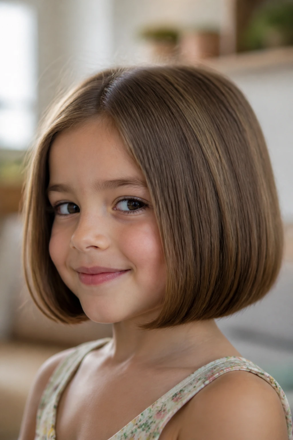Real child with neat pageboy cut and curved-under ends.