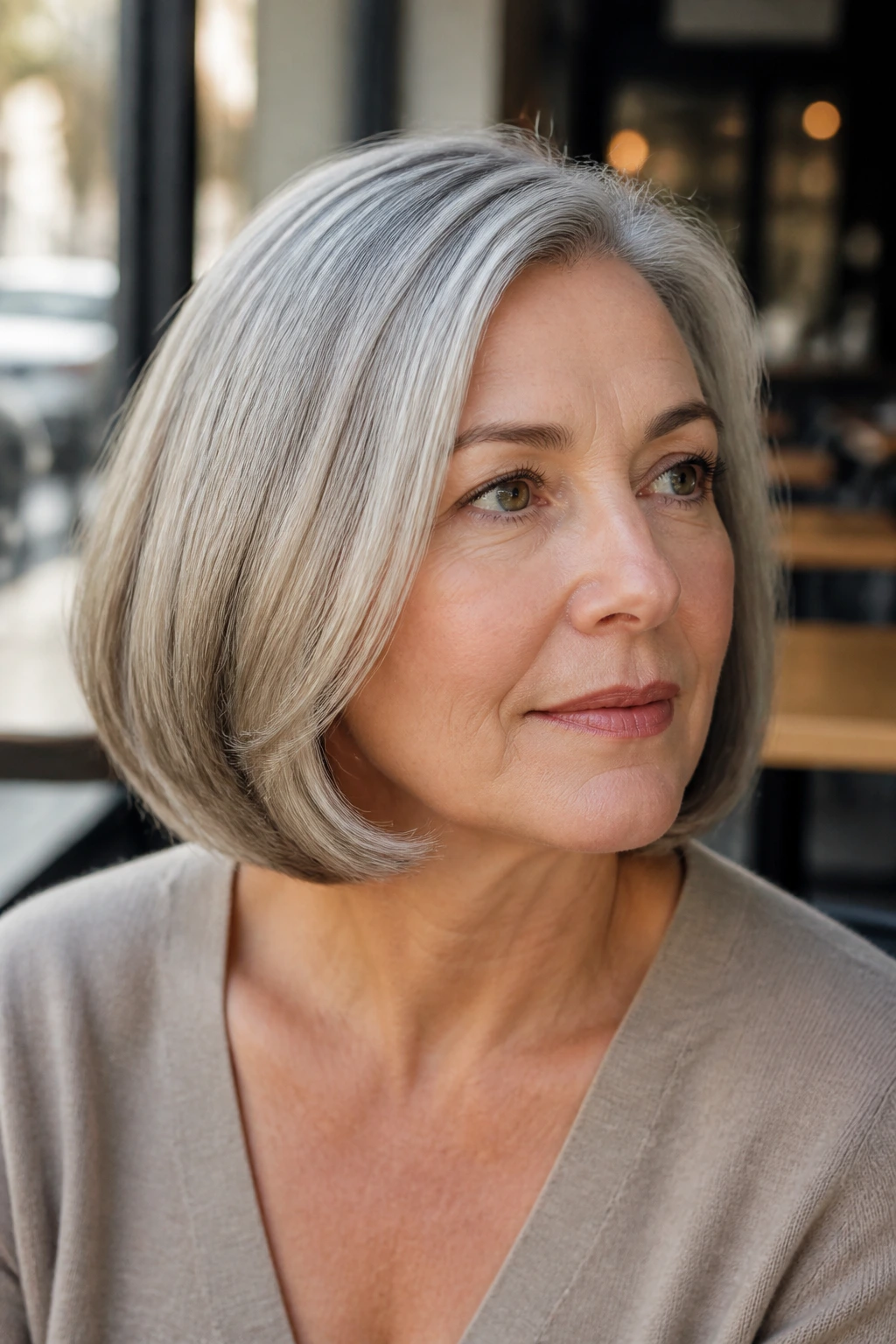 Close-up of a real woman with a modern pageboy hairstyle featuring tucked-under ends