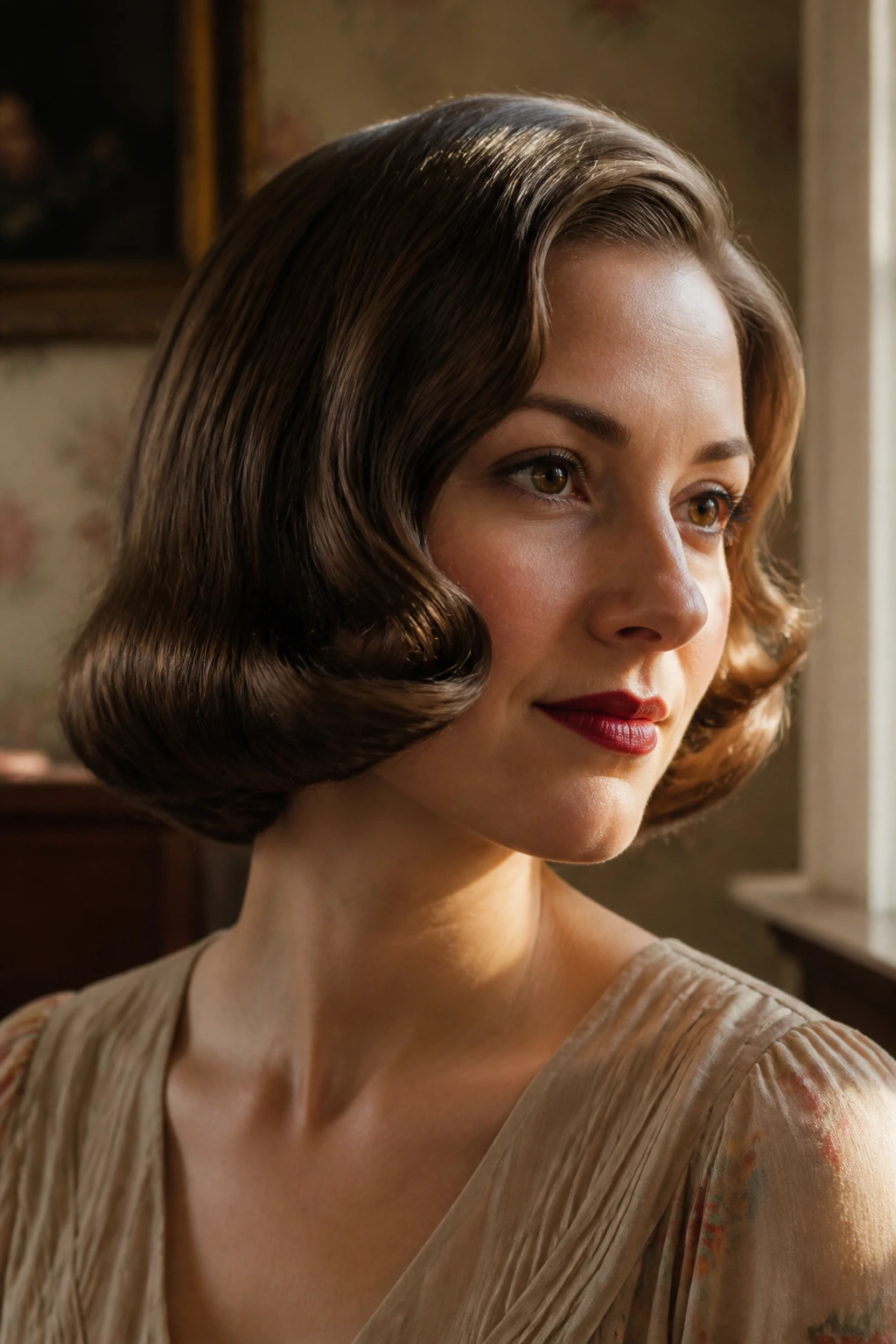 Real woman with 1940s pageboy hairstyle featuring face-framing bends