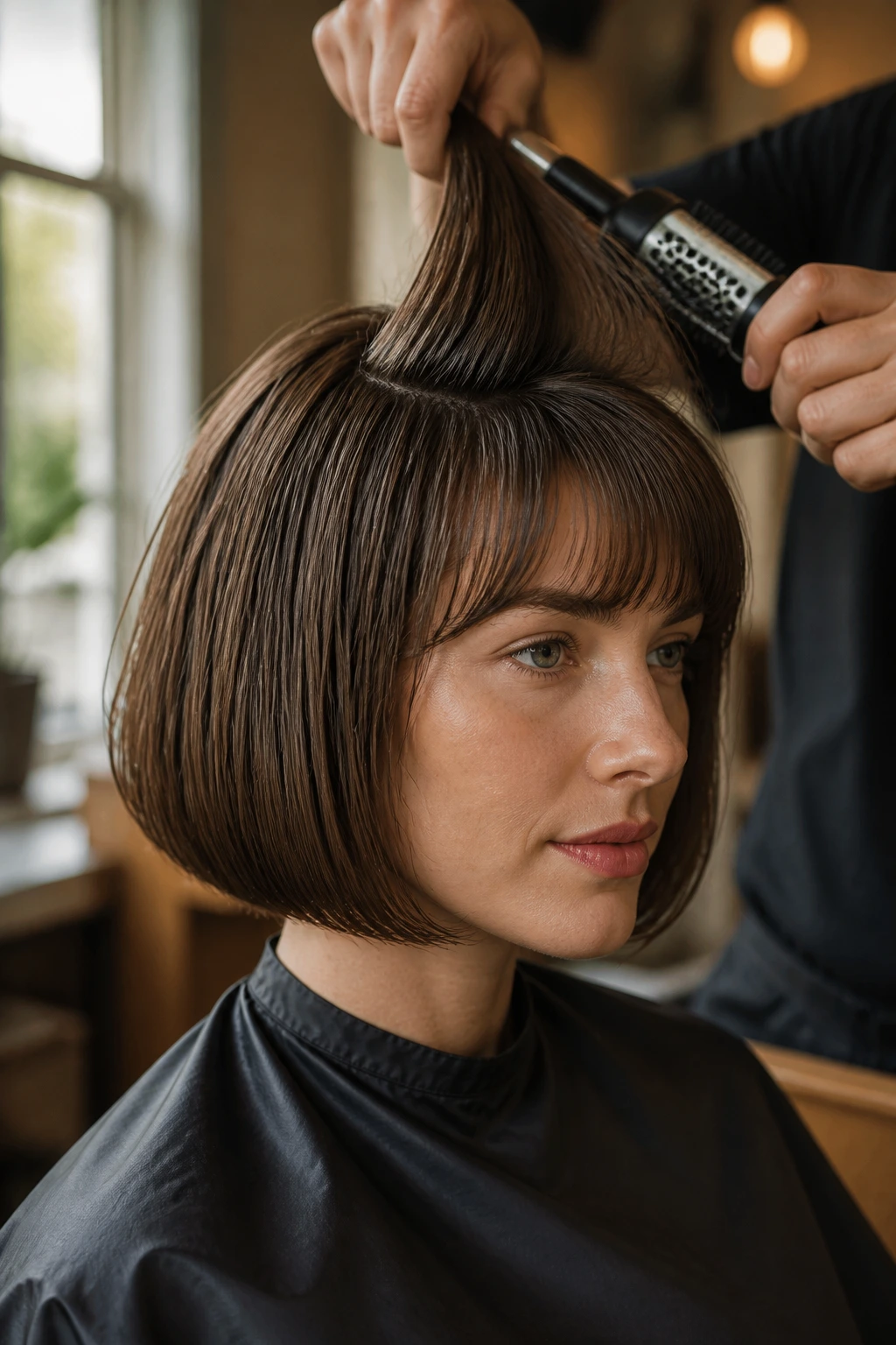 Close-up of a real person with a pageboy haircut being styled in a warm salon