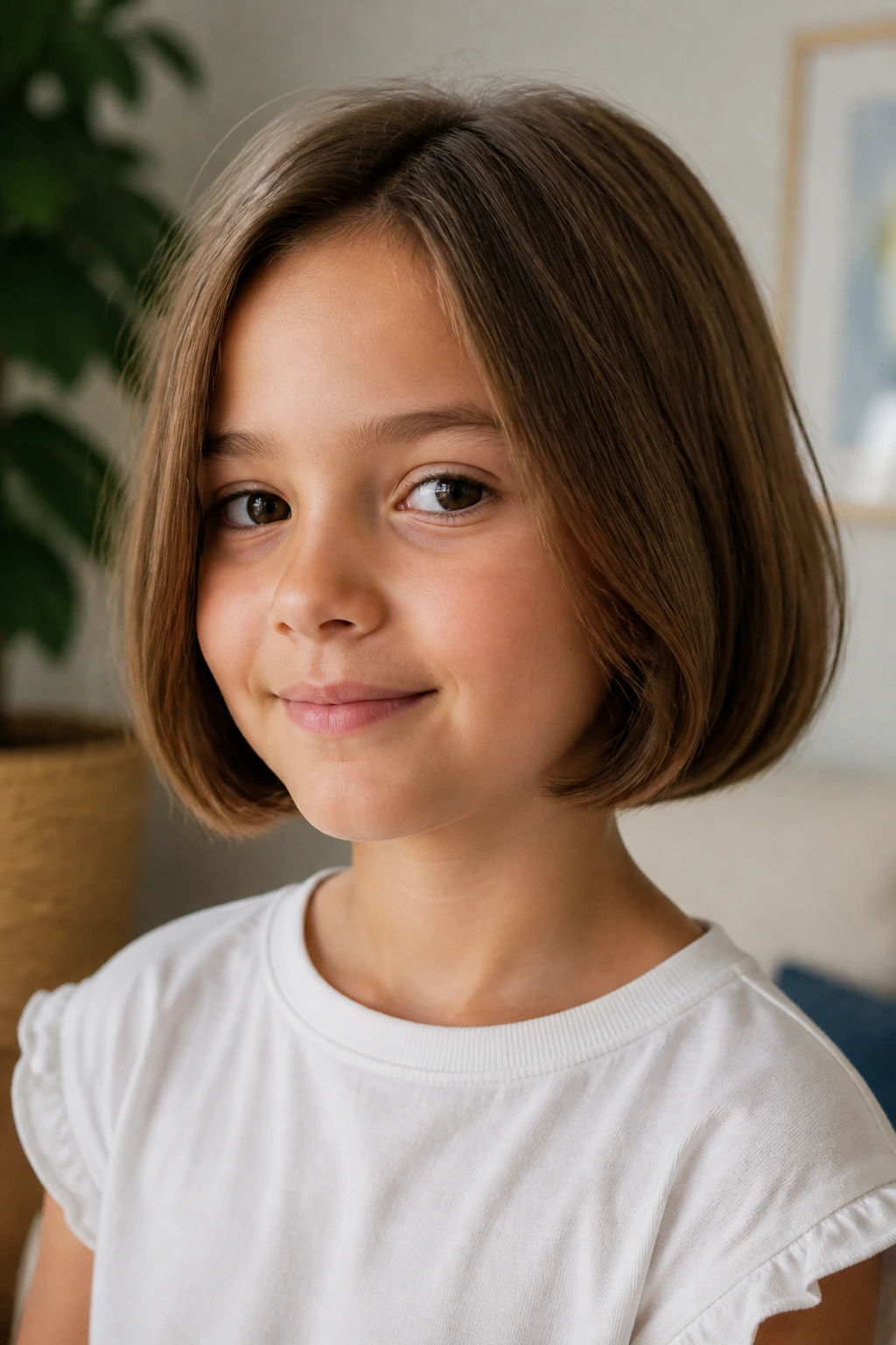 Close-up of a child with a jaw-length pageboy cut in a calm indoor setting