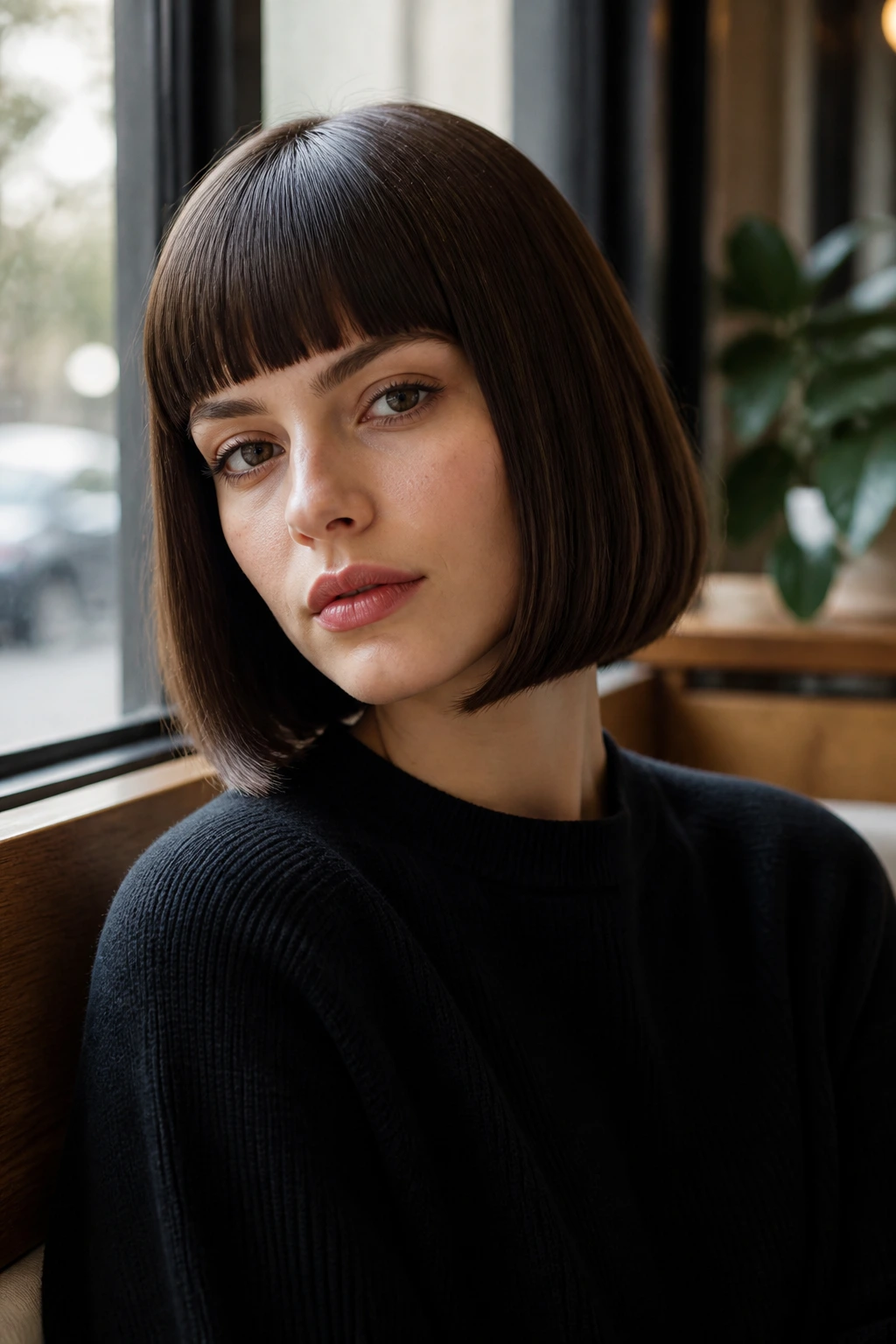 Portrait of person with modern pageboy lob and sharp bangs in window-light cafe setting.