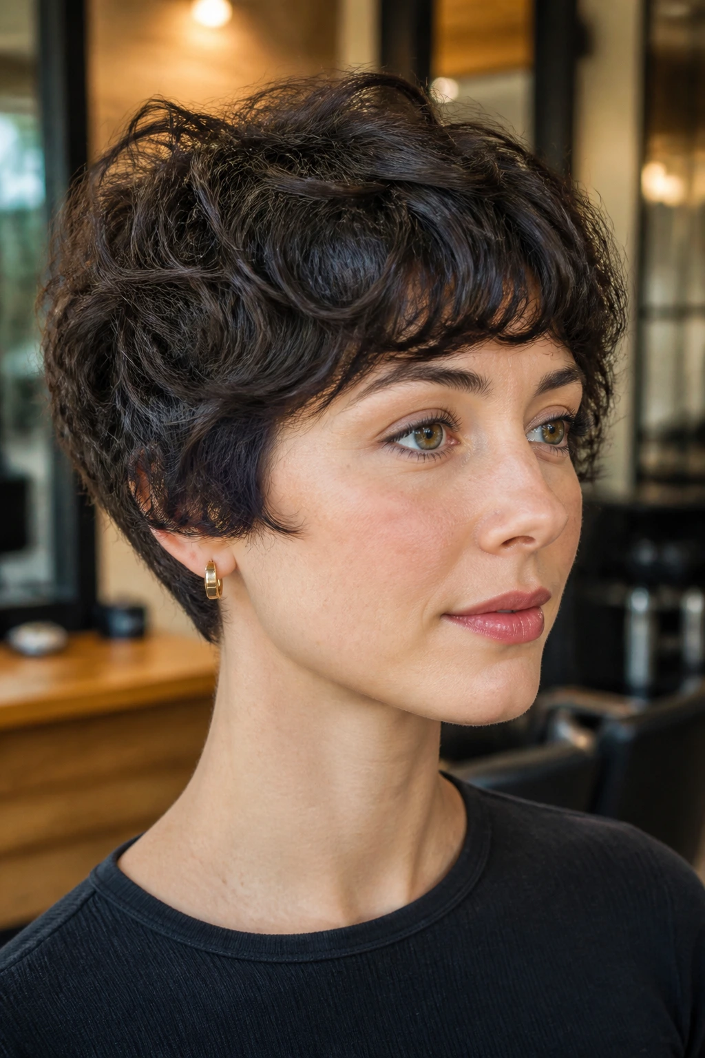 Close-up portrait of a real woman with pageboy pixie rounded edges