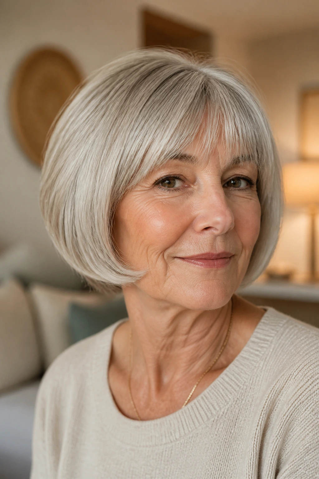Close-up of an older woman with a modern pageboy remix in a warm home setting.