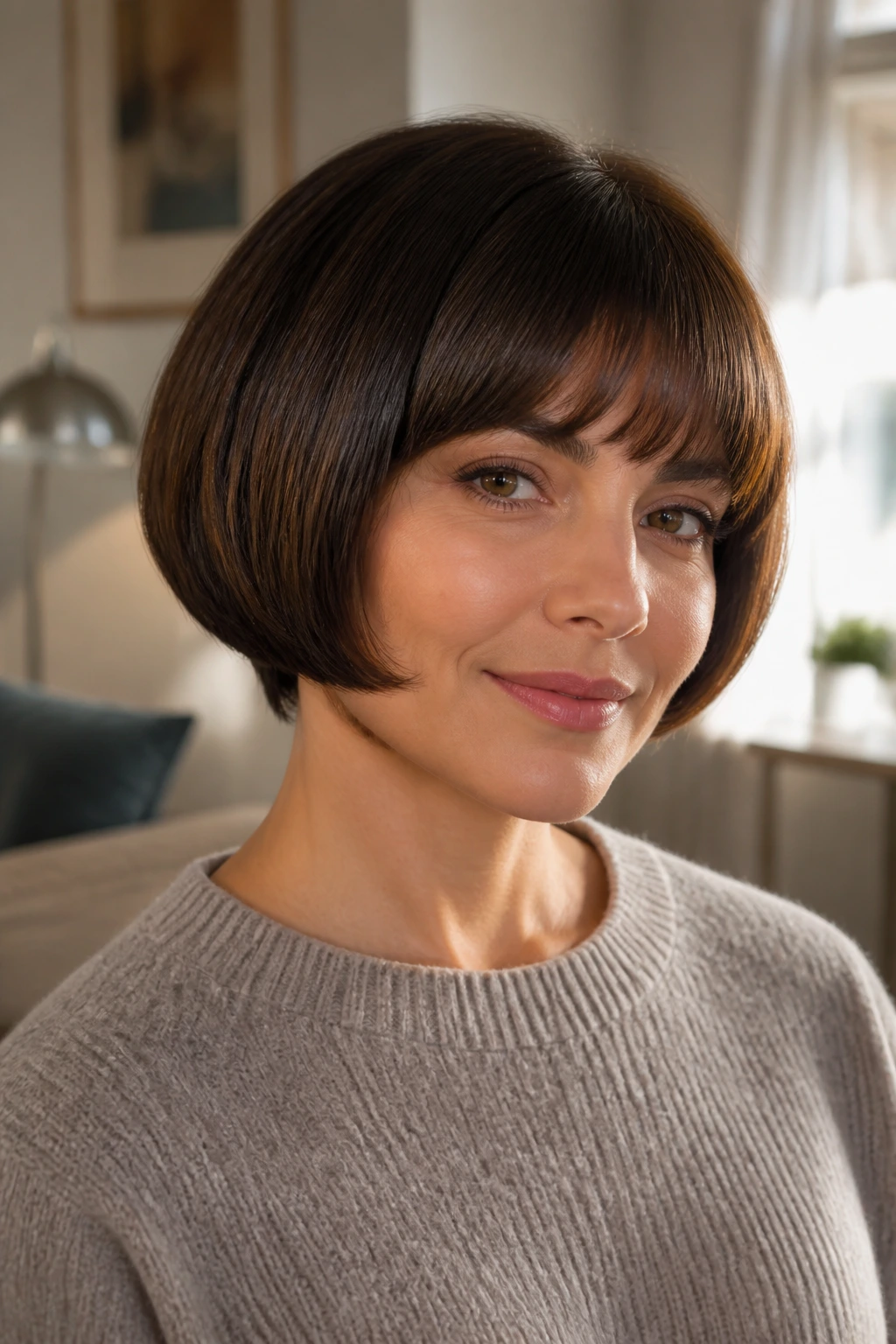 Close-up portrait of a real woman with a rounded pageboy hairstyle