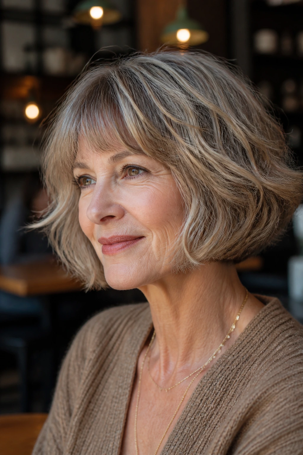 Portrait of a real woman with a pageboy shag revival and soft waves.