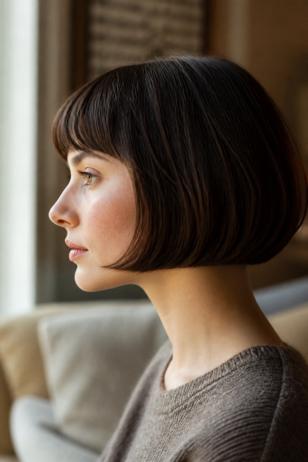Side-profile of a real woman showing the pageboy weight line and inward curve
