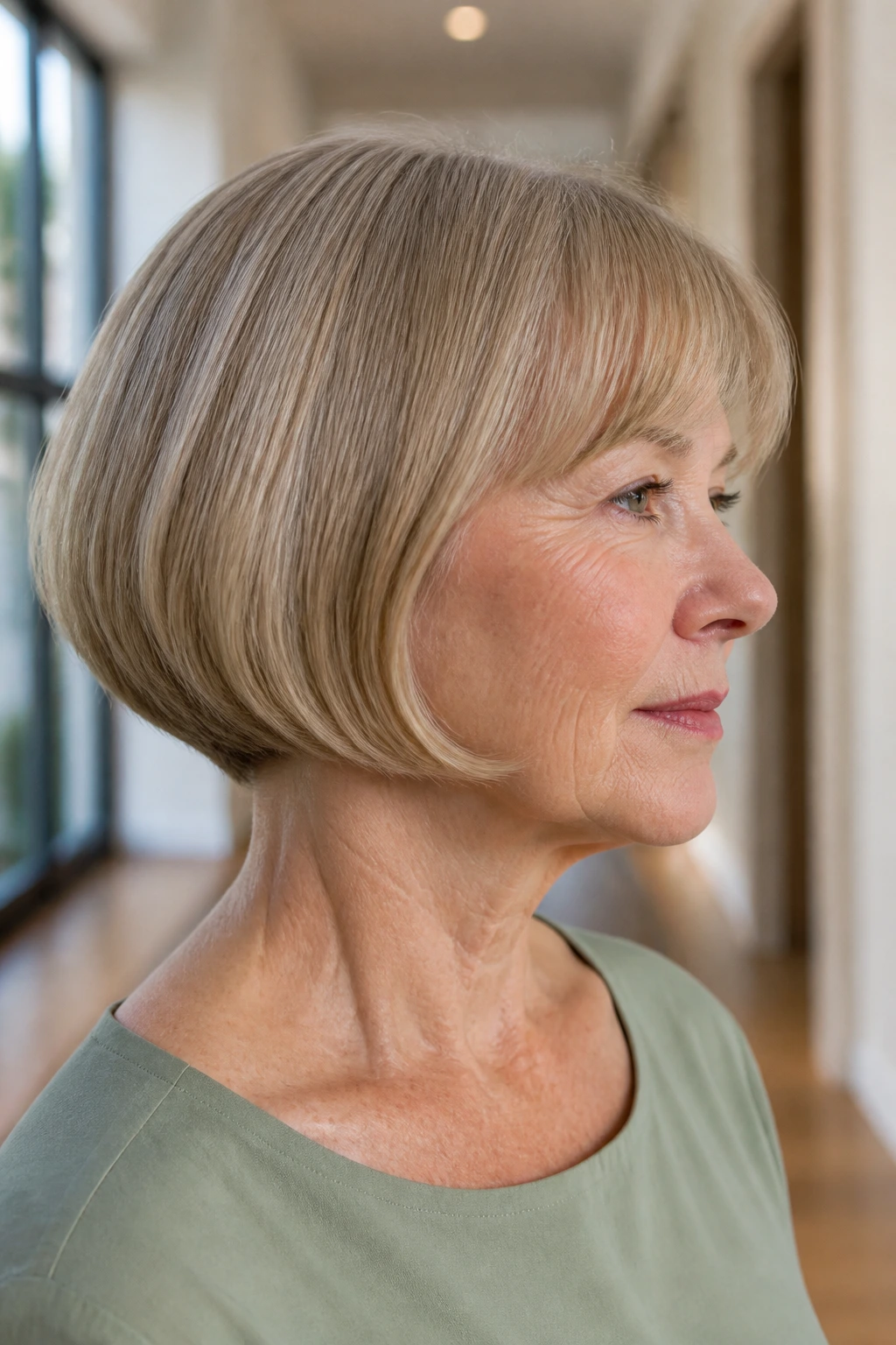Close-up of a woman with a pageboy and undercurve in daylight