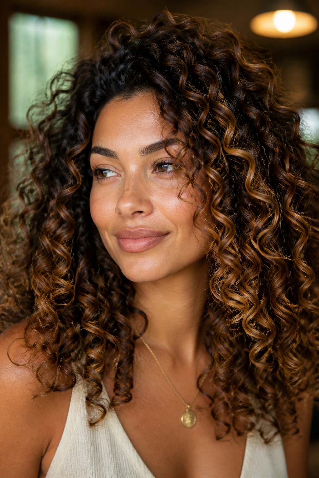 Close-up of curly hair with painted caramel ribbons on a real person