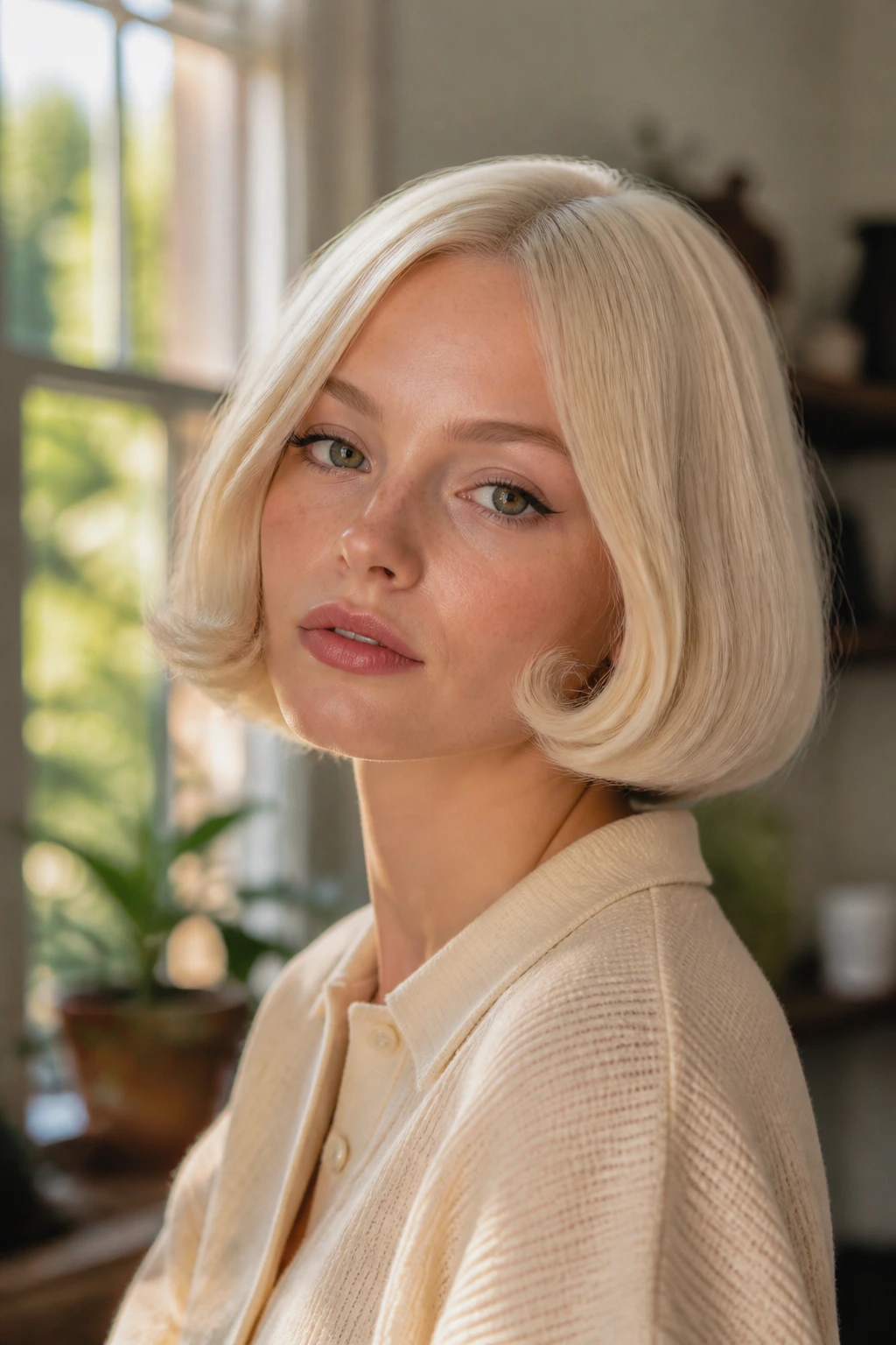 Close-up of pale blonde pageboy with curled-under ends on a real person