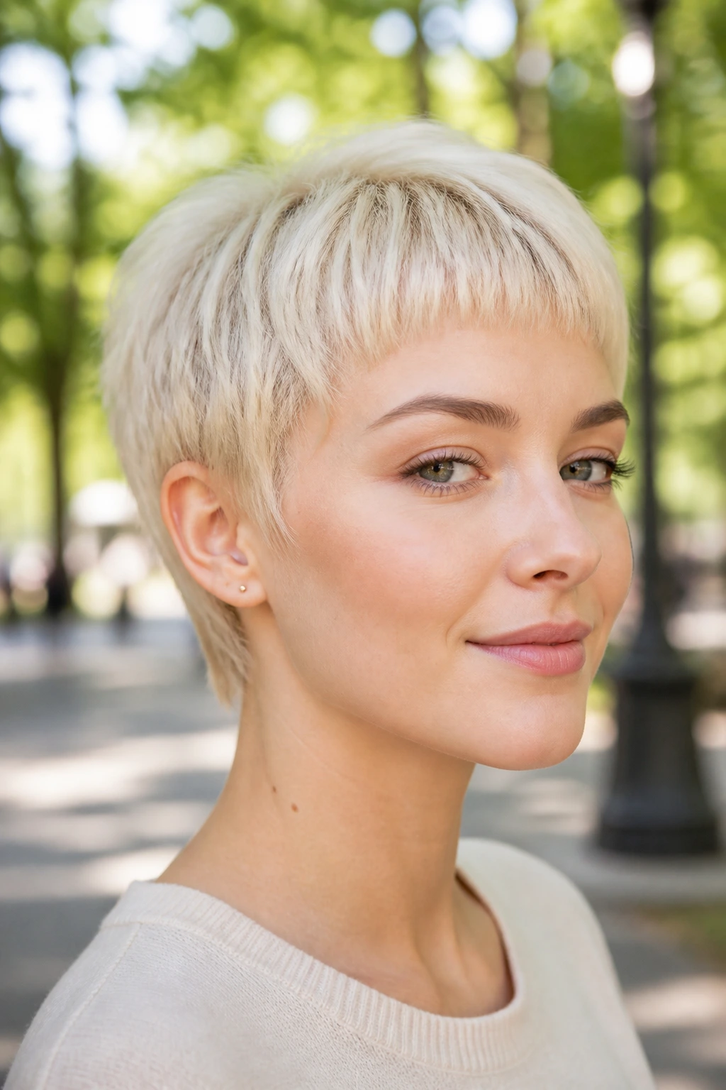 Real woman with pale blonde pixie and baby bangs in a park