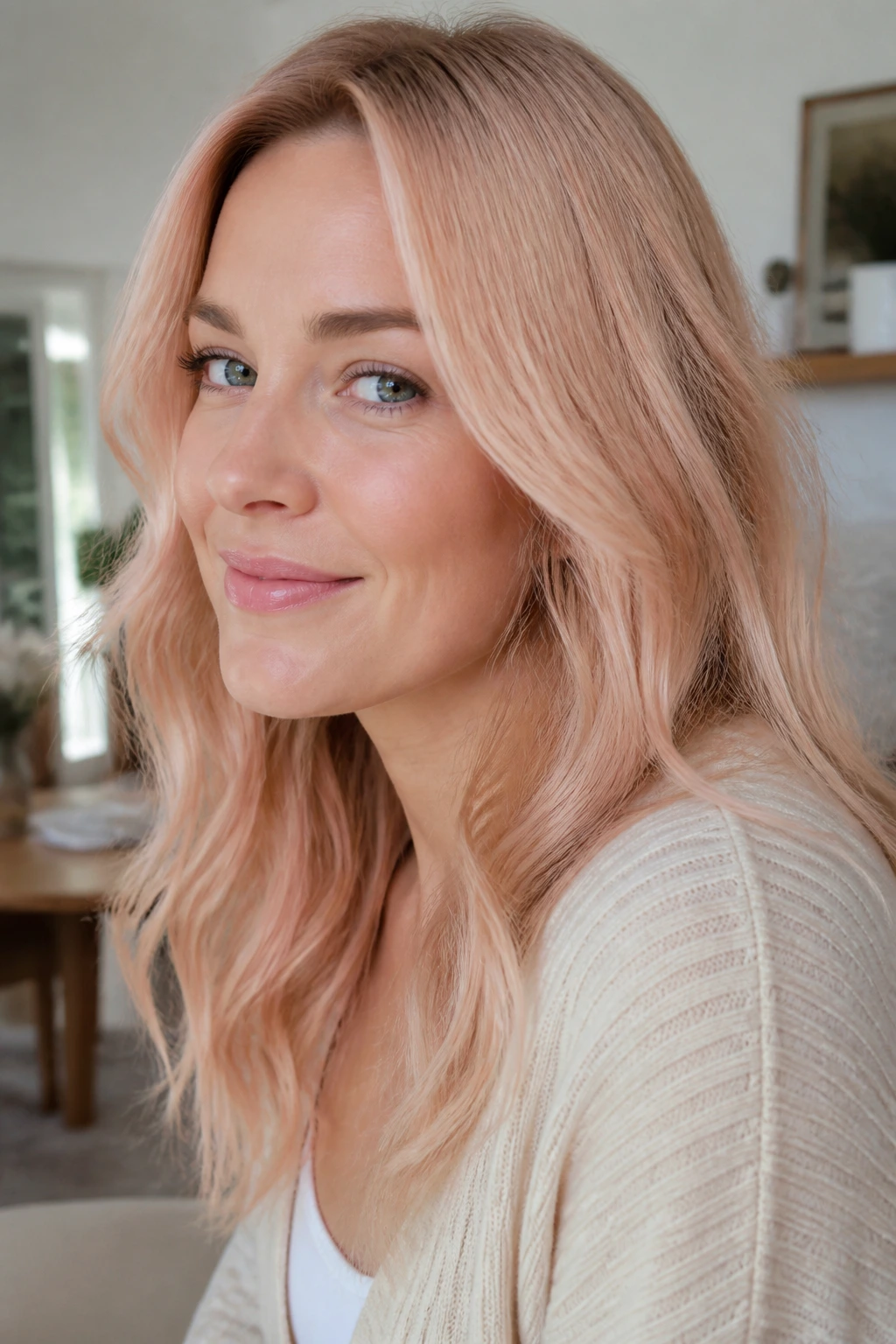 Close-up portrait of a real woman with pale peach blonde