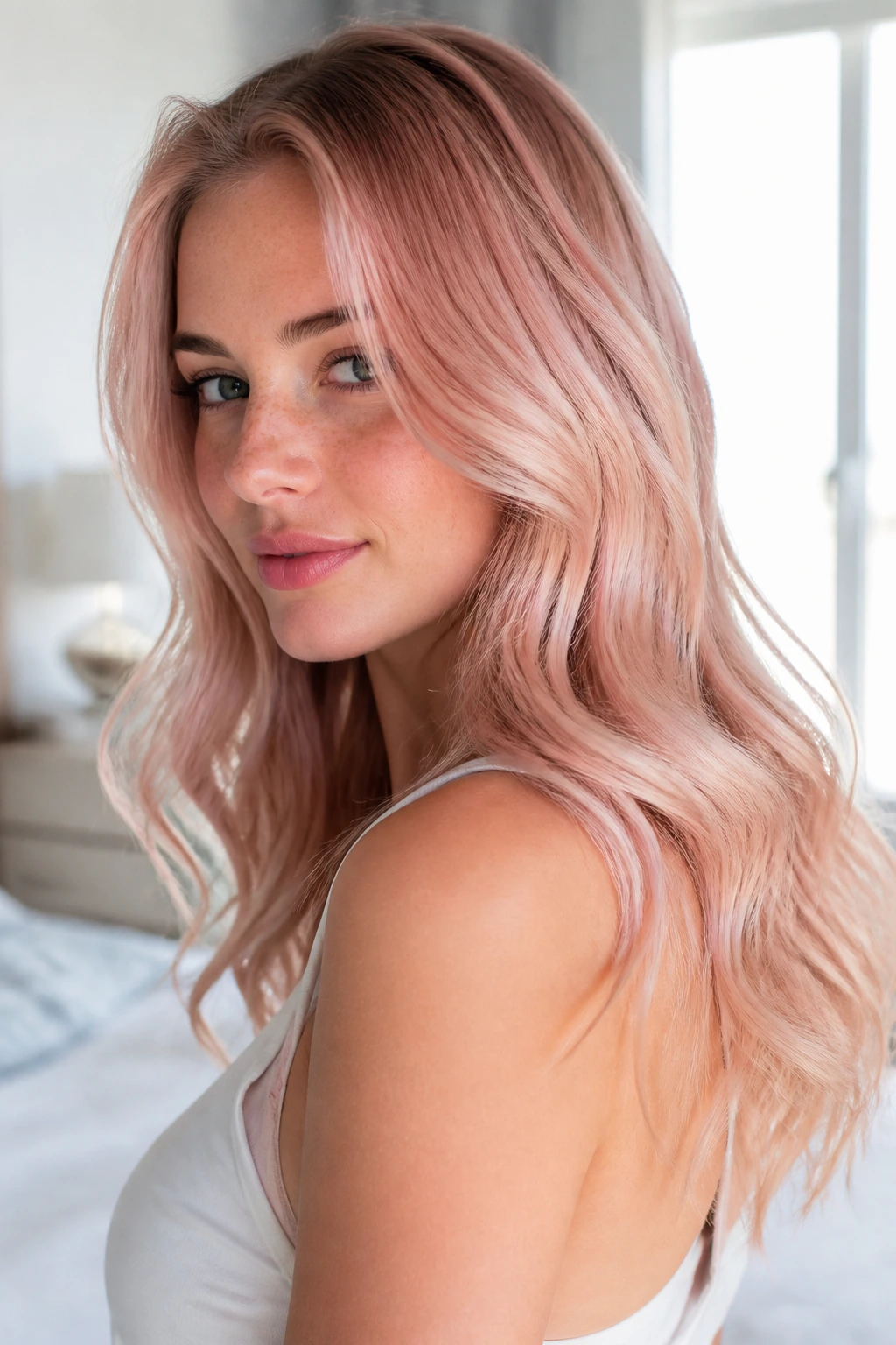 Close-up of a real woman with pale rose gold hair and pink-gold gloss