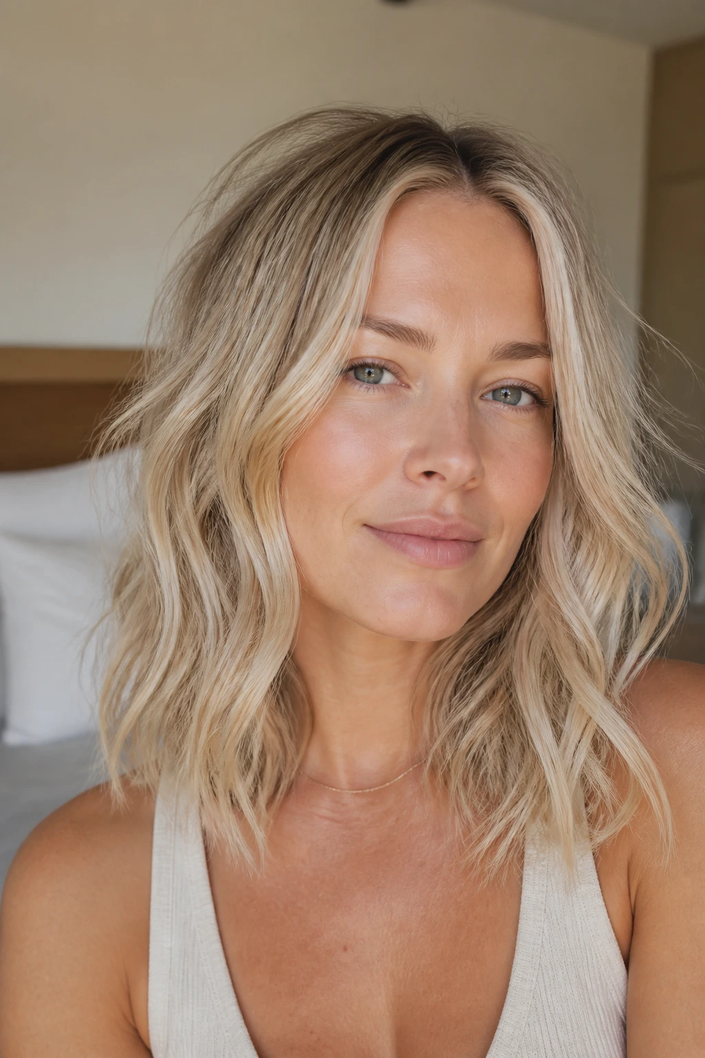 Close-up portrait of pale sand blonde hair with undone texture in warm window light