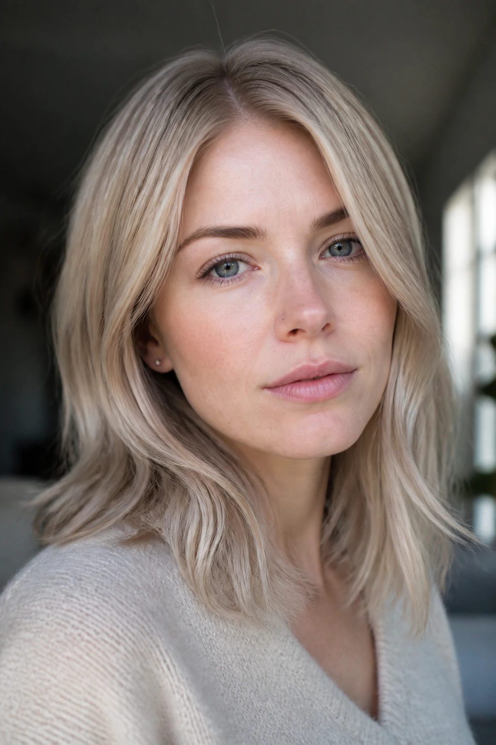 Close-up portrait of a woman with pale wheat blonde cool-toned hair.
