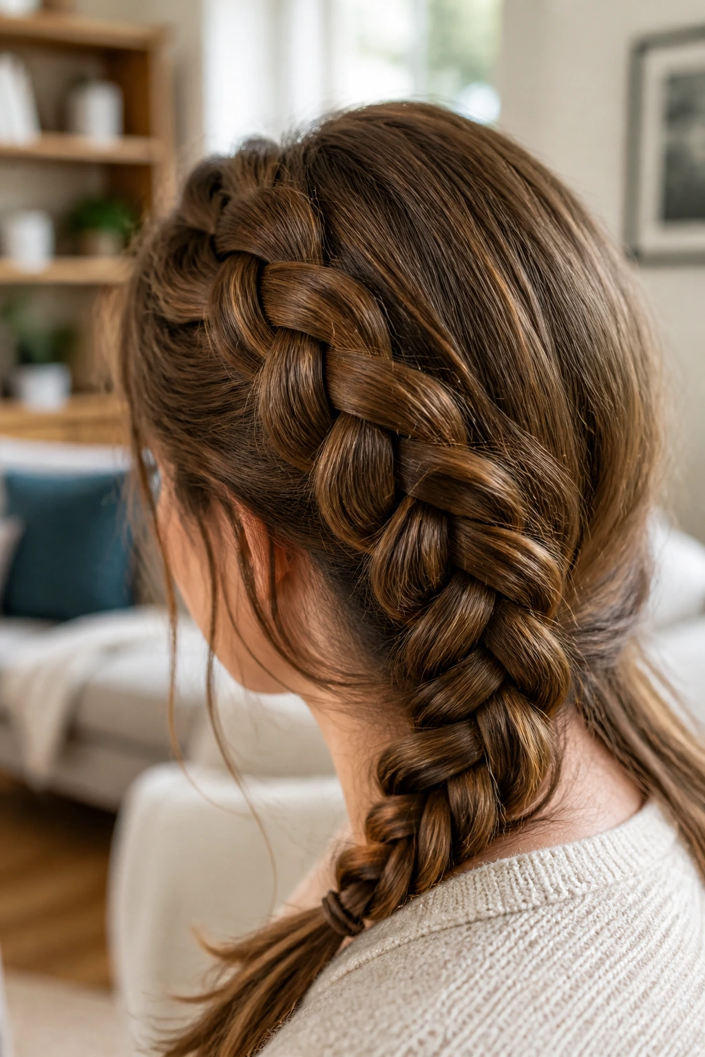 Close-up of a pancaked three-strand braid on a real person