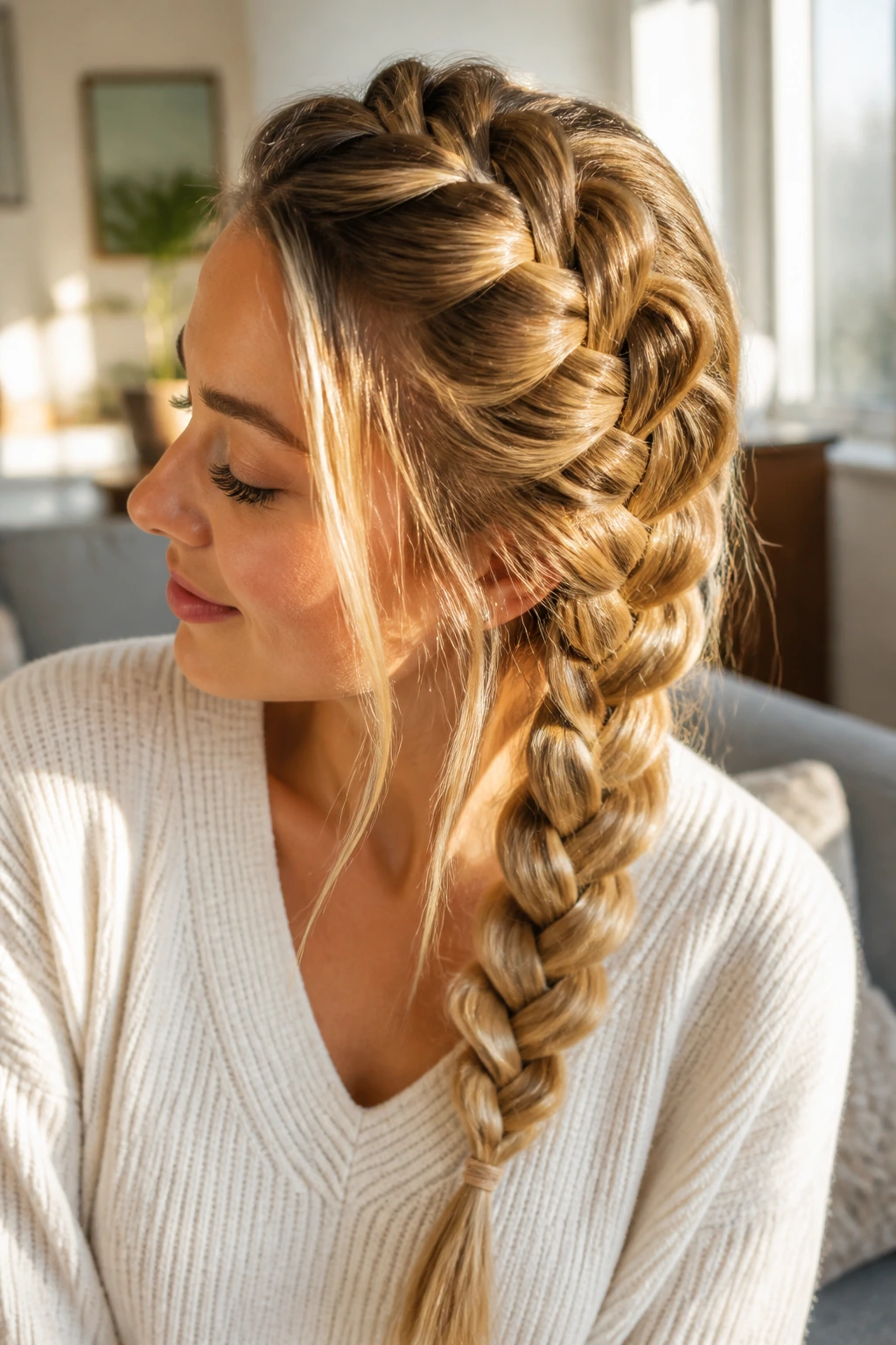 Real woman with pancaked Dutch braid in a sunlit living room