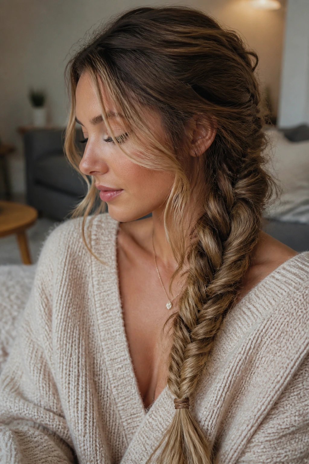 Close-up of a real woman with a messy pancaked fishtail and face-framing pieces