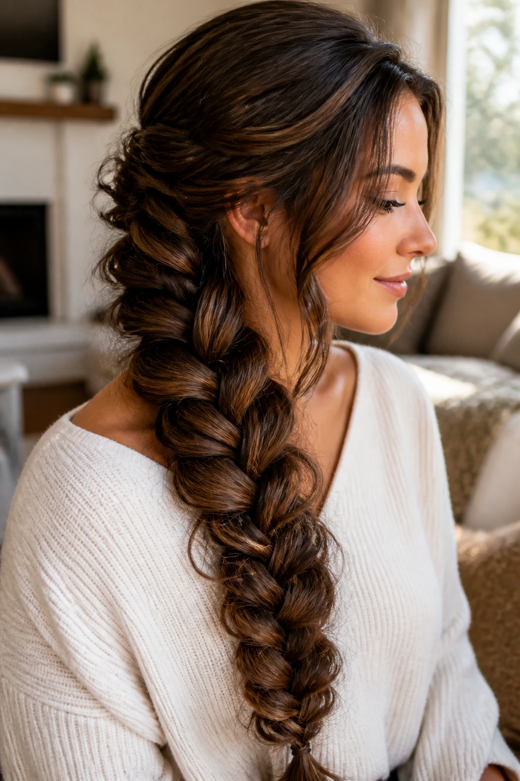 Close-up of an oversized pancaked fishtail braid on thick hair