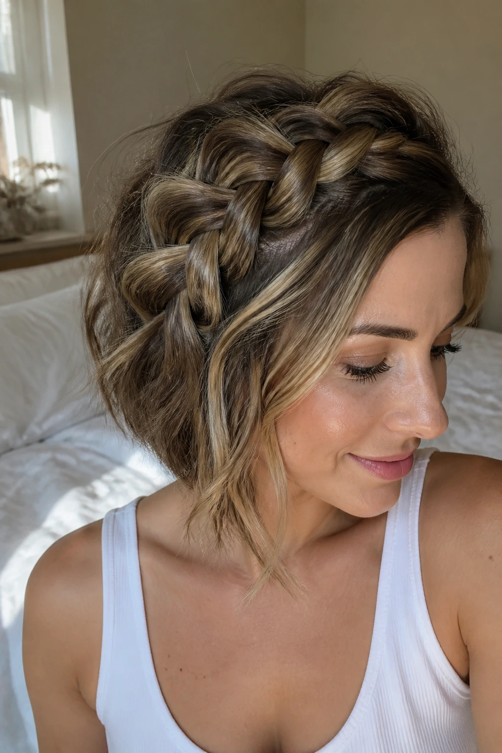 Portrait of a person with a pancaked chunky French braid