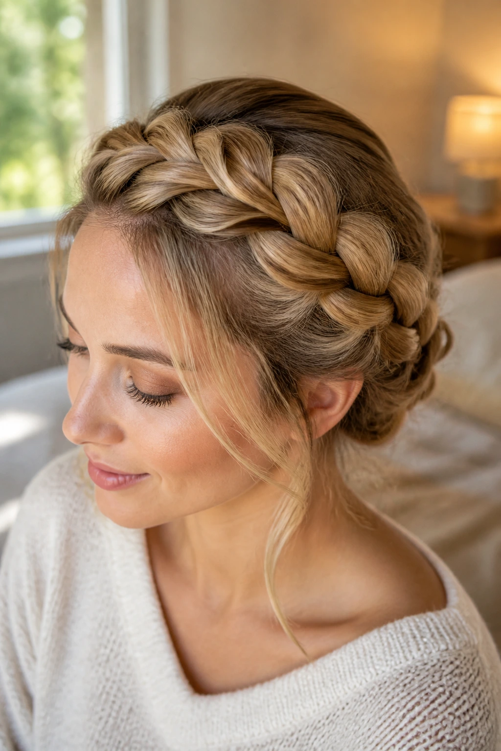 Close-up of real woman with pancake French braid across crown, soft morning light.