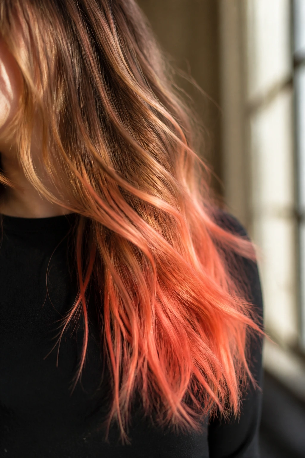 Close-up of papaya coral ends on hair