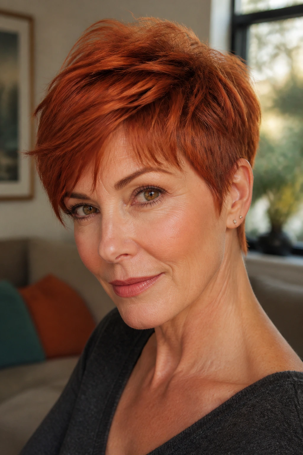 Close-up portrait of a woman with paprika layered pixie in warm living-room light