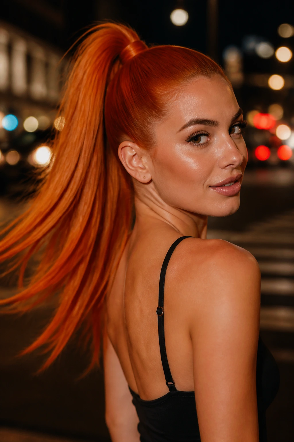 Close-up of a real woman with a paprika-orange ponytail wrapped at the base.