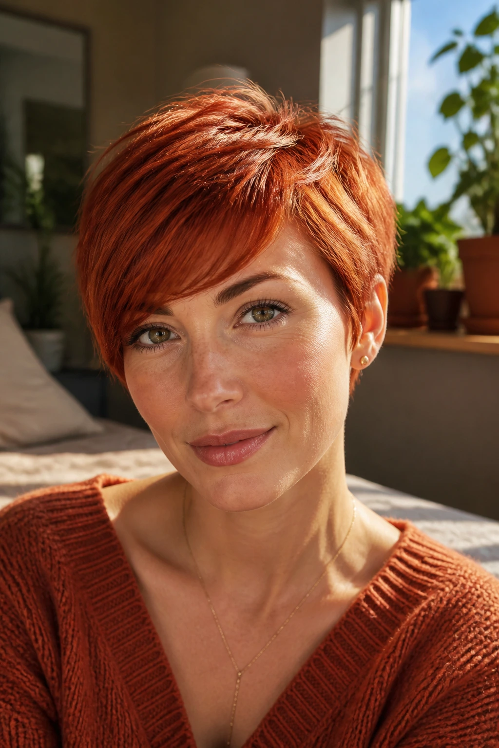Close-up portrait of a real woman with paprika red pixie and side fringe, warm window light highlighting the color